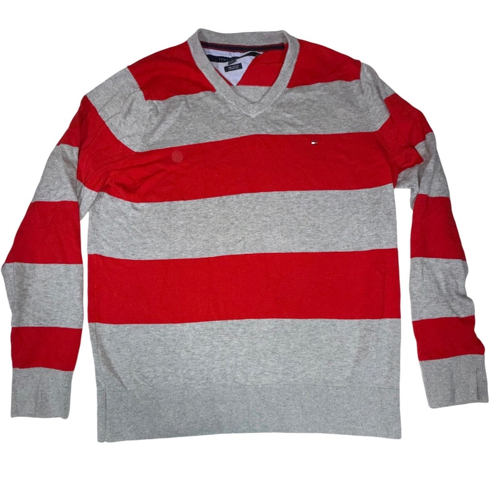 Tommy Hilfiger Pima Cotton V-Neck Sweater Mens XL Red Gray Striped Soft Knit